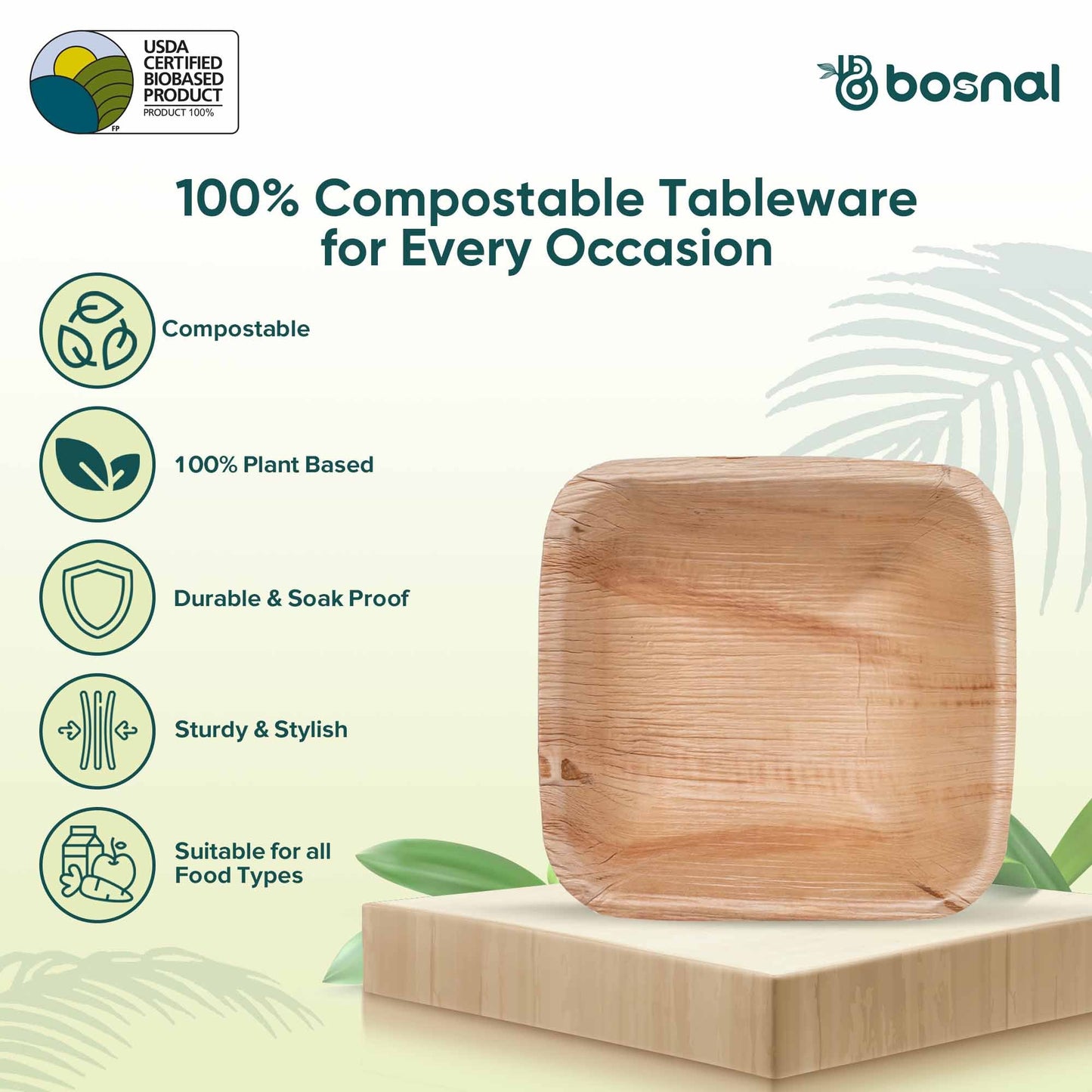Bosnal - Palm Leaf Biodegradable Bowls, 5 inch, Square - themonogram manor 
