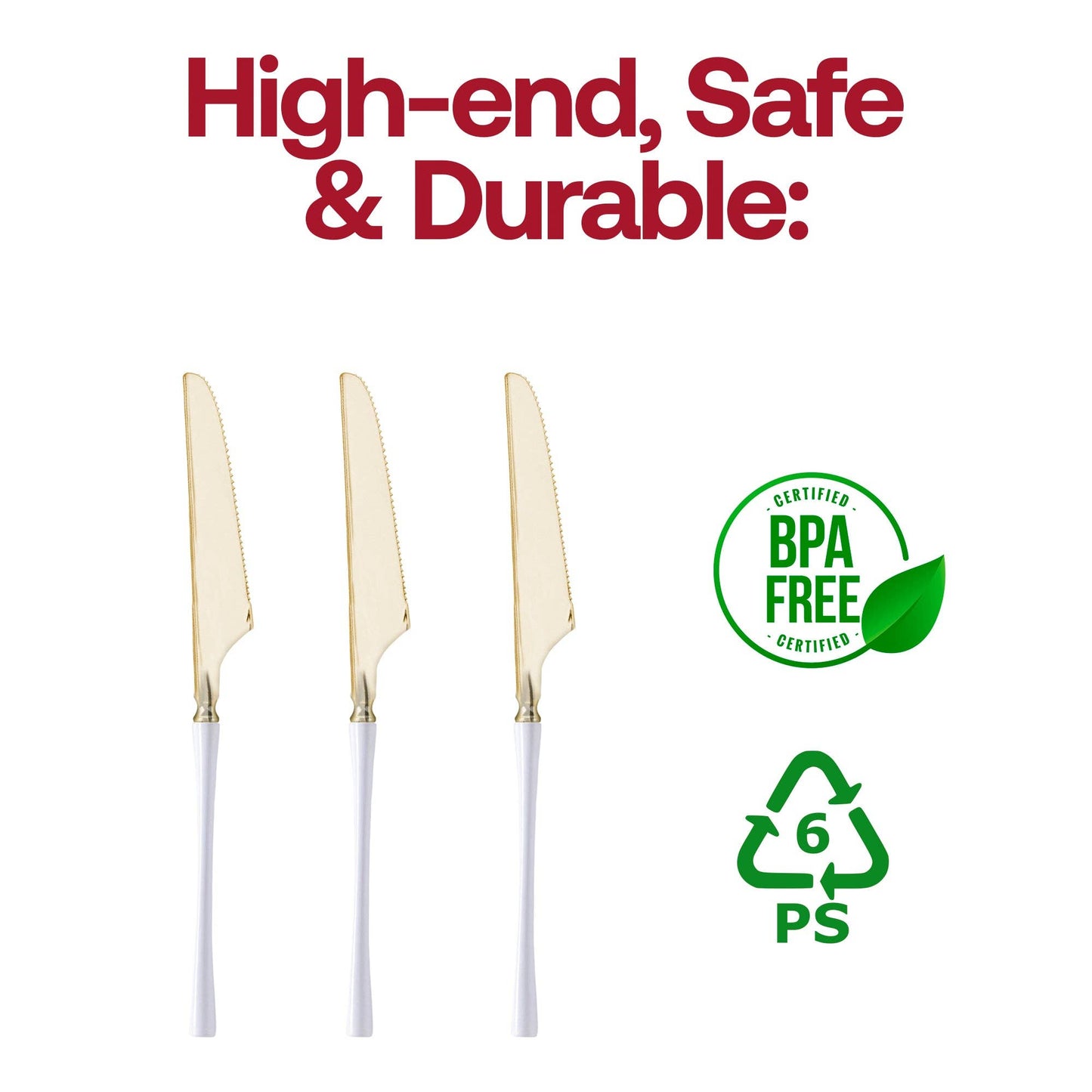 Gold with White Handle Plastic Dinner Knives - 20 pcs - themonogram manor 