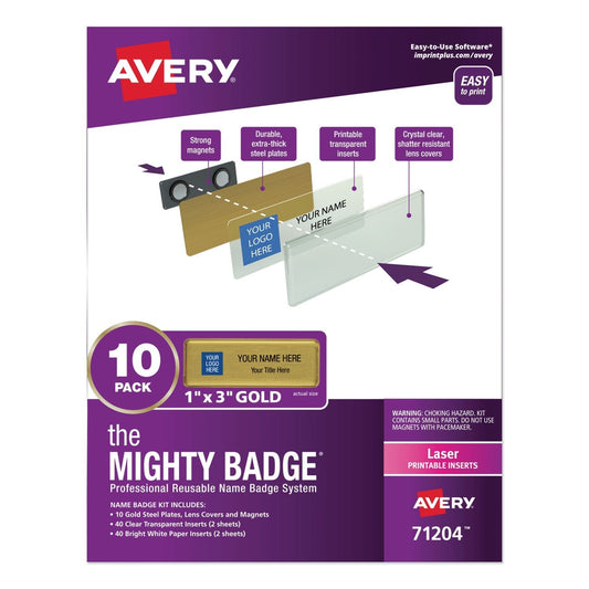 Avery The Mighty Badge Name Badge Holder Kit, Horizontal, 3 x 1, Laser, Gold, 10 Holders/ 80 Inserts - themonogram manor 