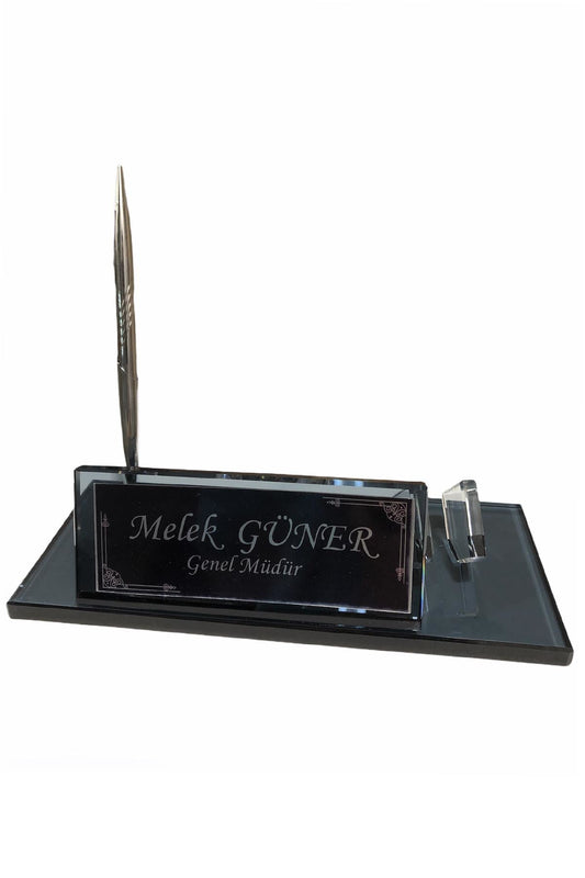 MOOG Black Glass Desk Name Plate With Clock - themonogram manor 