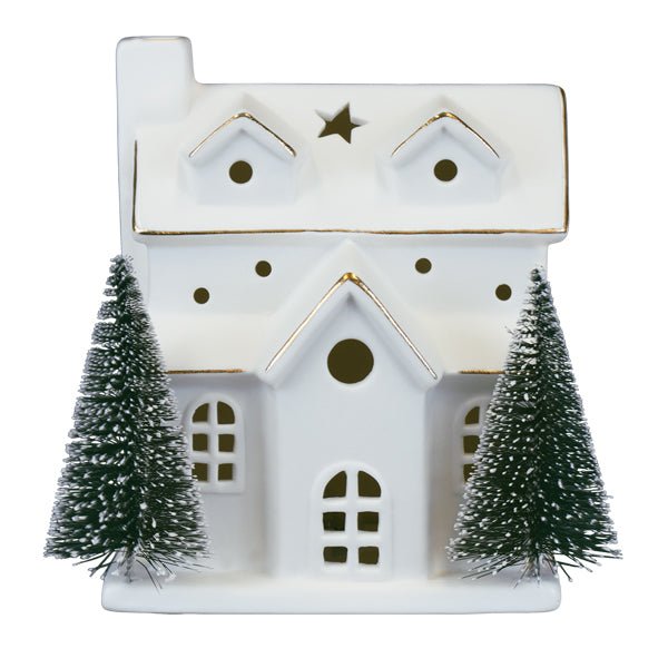 Lit Ceramic House With Trees - themonogram manor 