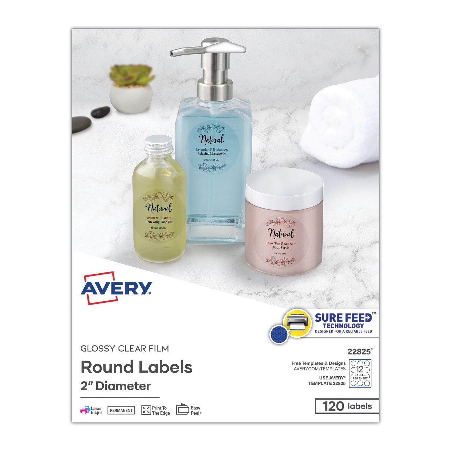 Avery Round Print - to - the Edge Labels with Sure Feed and Easy Peel, 2" dia, Glossy Clear, 120/PK - themonogram manor 