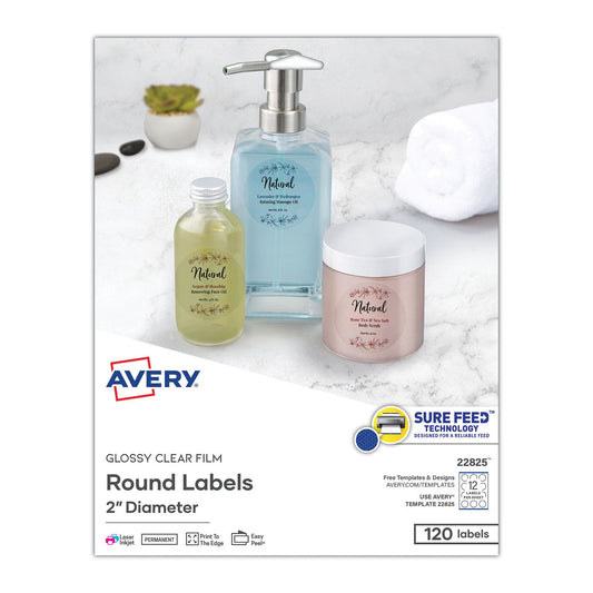Avery Round Print - to - the Edge Labels with Sure Feed and Easy Peel, 2" dia, Glossy Clear, 120/PK - themonogram manor 