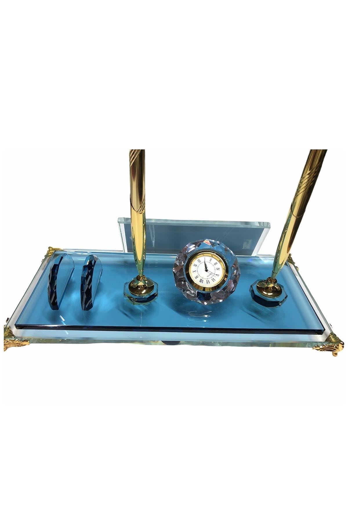MOOG Blue Glass Desk Name Plate With Clock - themonogram manor 
