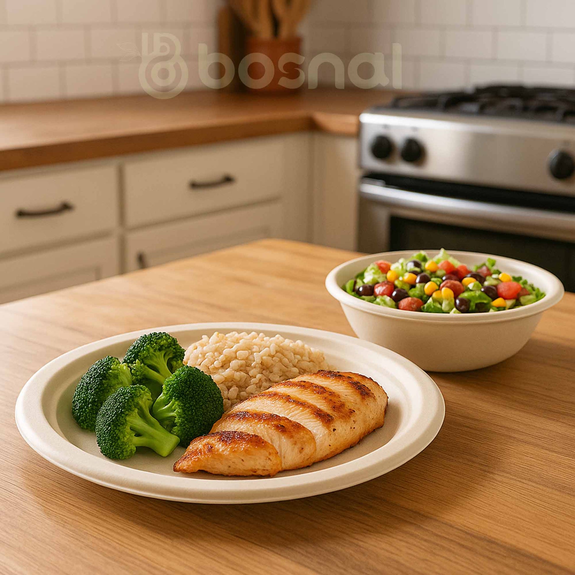 Bosnal - Sugarcane Bagasse Compostable 10 inch Round Plates with 32 Oz Bowls - themonogram manor 