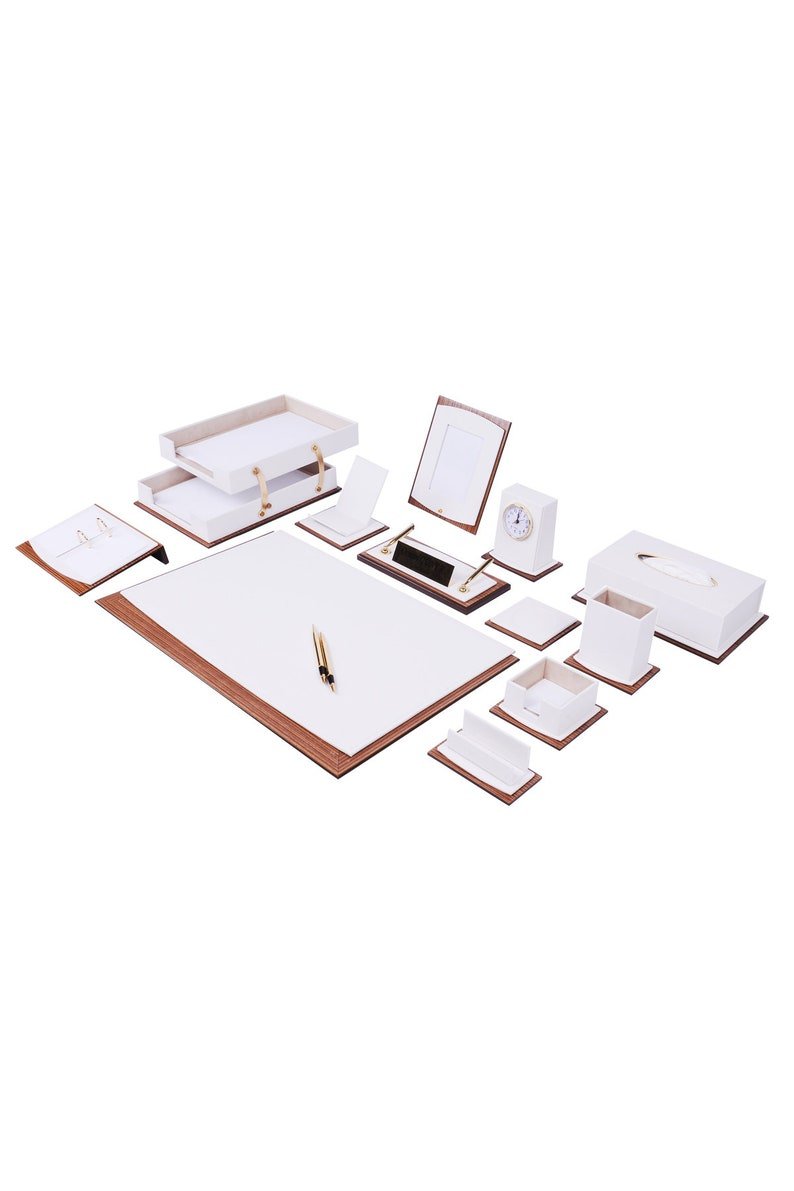 MOOG Star Lux Leather Desk Set - Walnut Wood Combination - White - 14 PCS - themonogram manor 