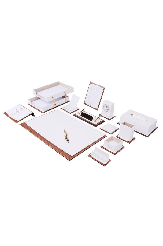 MOOG Star Lux Leather Desk Set - Walnut Wood Combination - White - 14 PCS - themonogram manor 