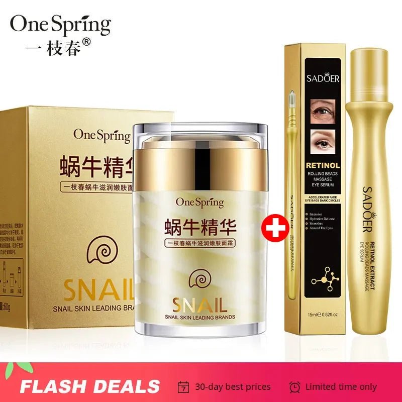 Snail Face Cream + Retinol Eye Massage Roller Serum 2Pcs Moisturizing Eye Bag Face Cream Korean Skin Care Products - themonogram manor 