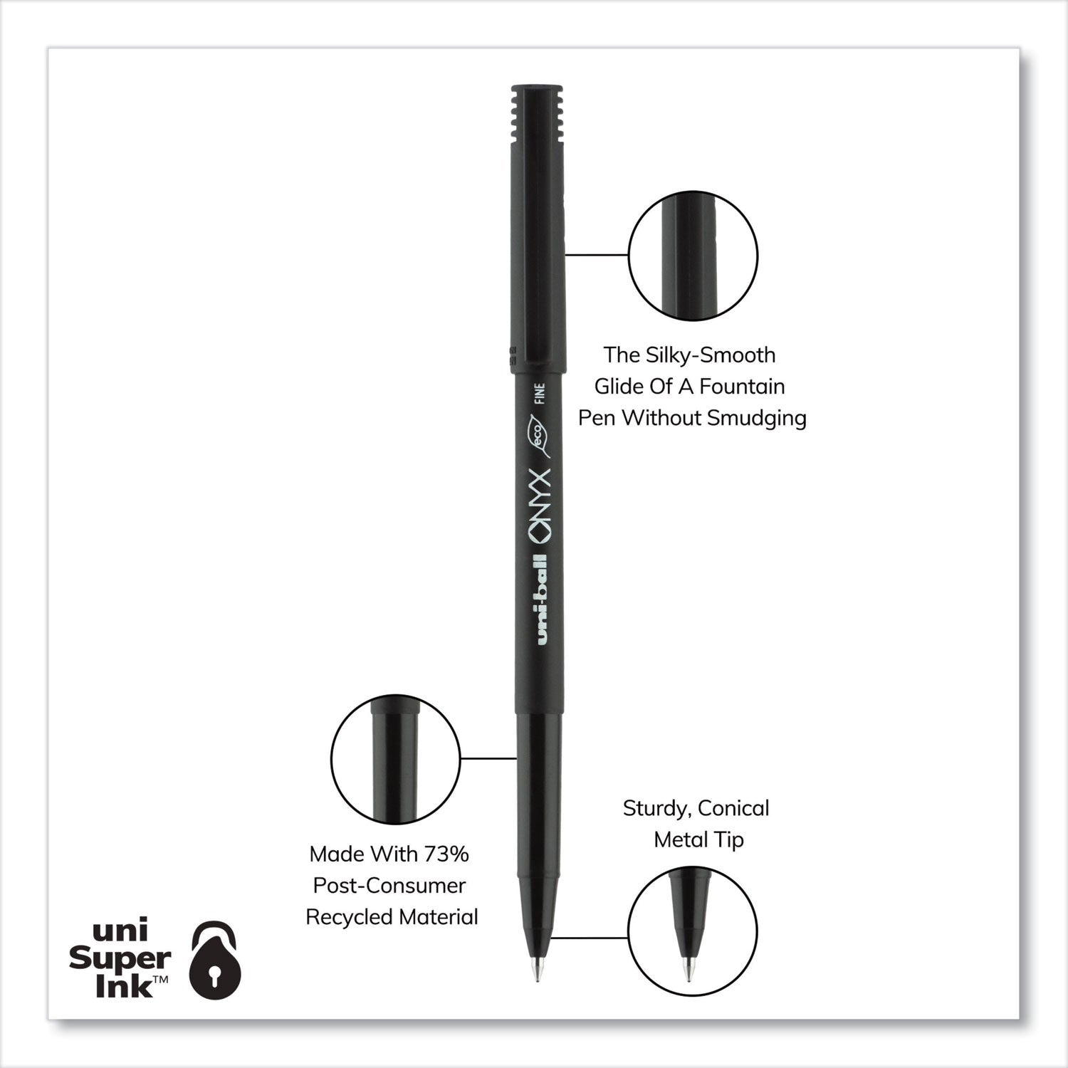 uniball ONYX Roller Ball Pen, Stick, Fine 0.7 mm, Black Ink, Black Matte Barrel, Dozen - themonogram manor 