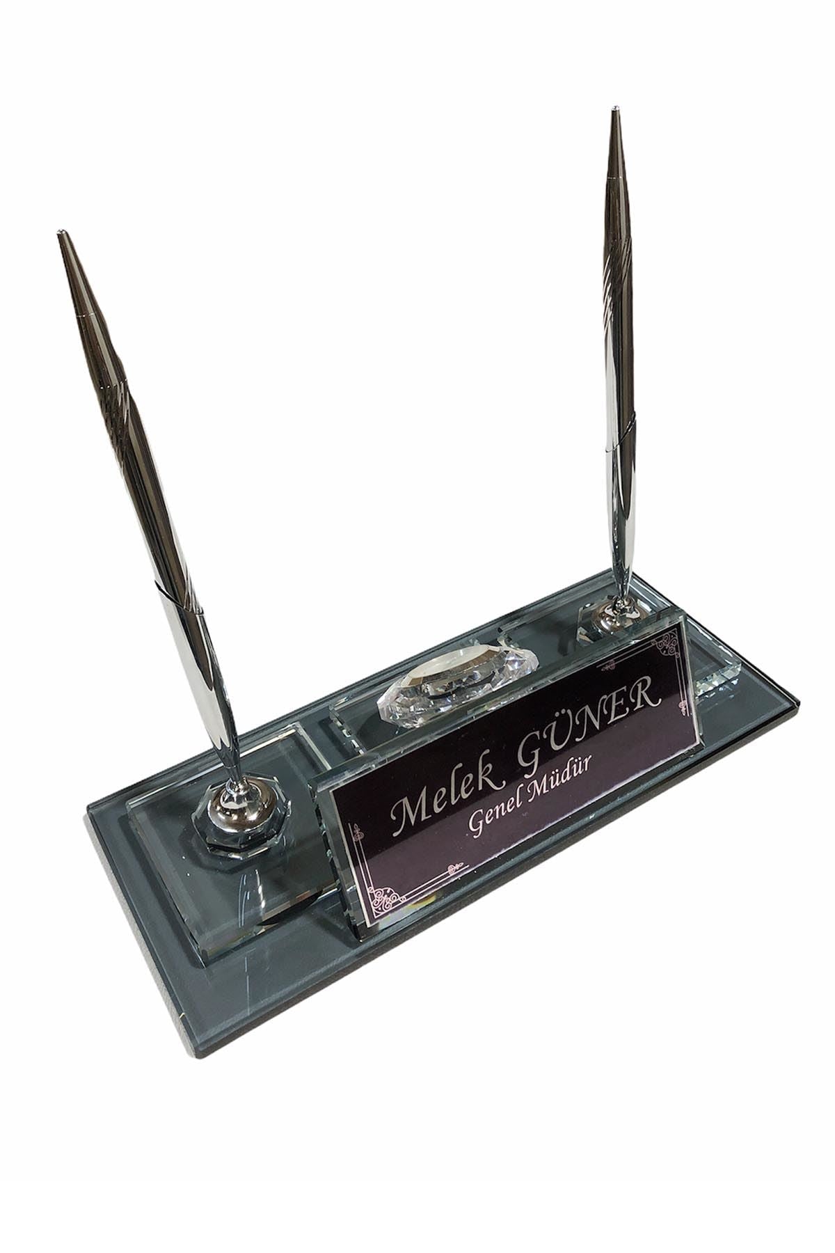 MOOG Black Glass Desk Name Plate With Clock - themonogram manor 