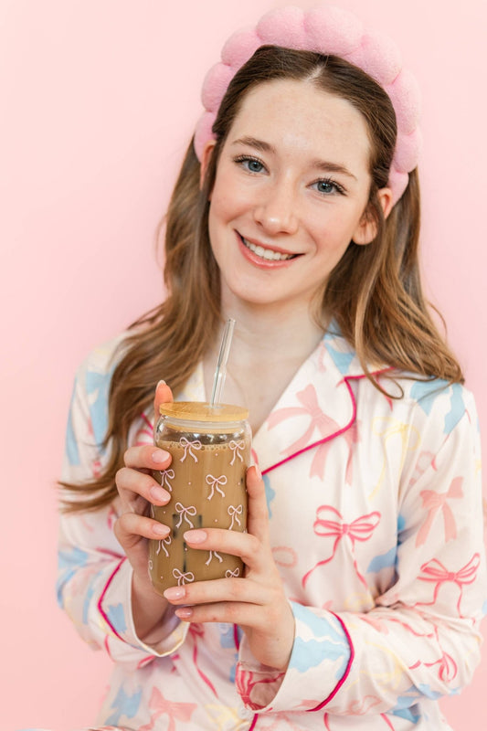 Pink Bow Latte Glass With Lid & Straw - themonogram manor 