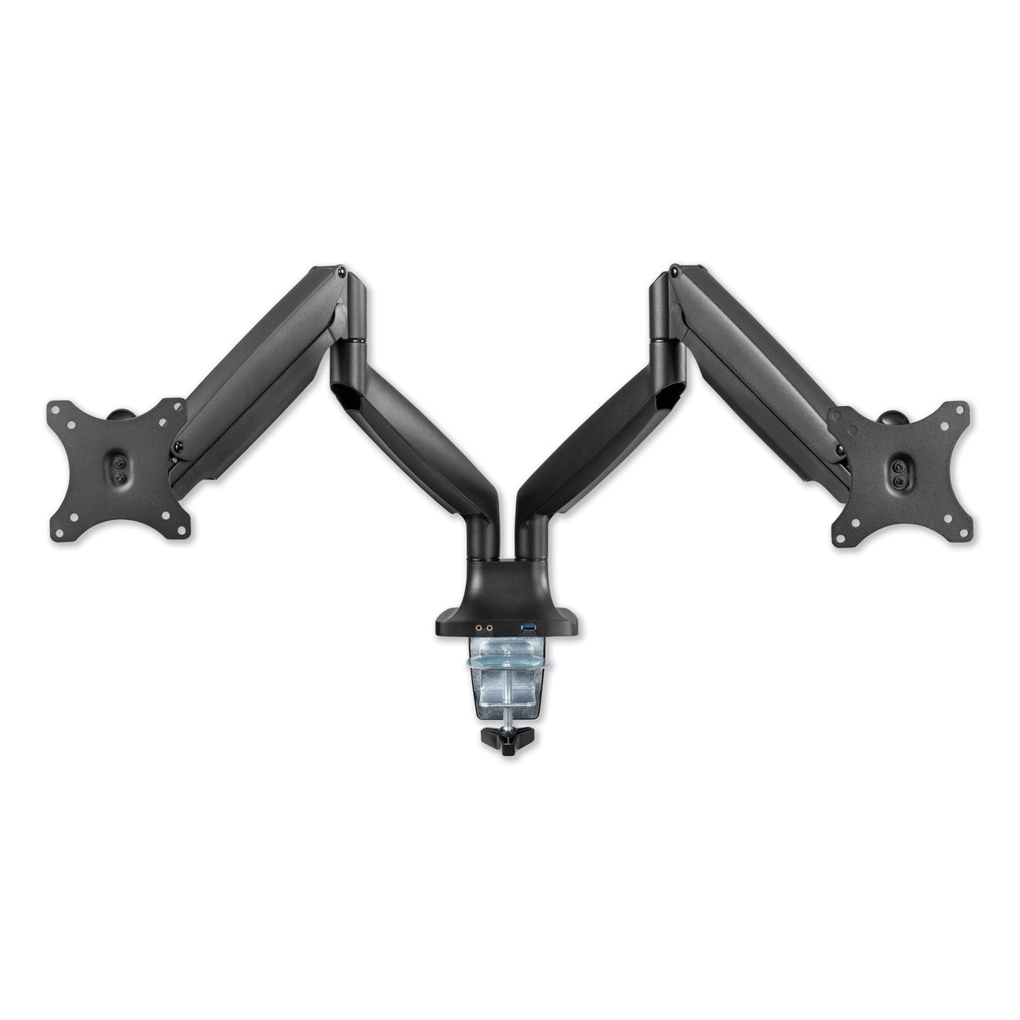 Alera AdaptivErgo Dual Monitor Arm with USB, For 27" Monitors, 180 deg Rotation, 30 deg Tilt, 135 deg Pan, Black, Supports 11 lb - themonogram manor 