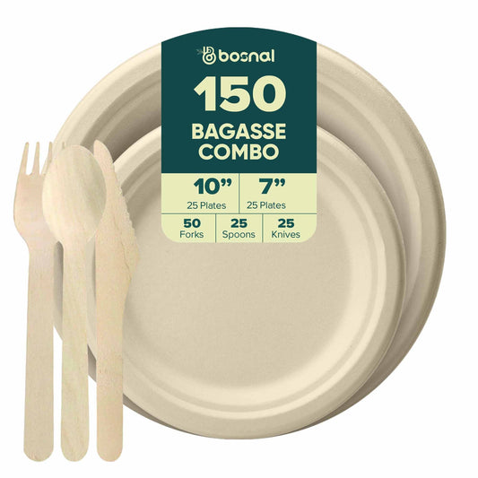 Bosnal - Sugarcane Bagasse Compostable 10 inch & 7 inch Round Plates with Cutlery - themonogram manor 