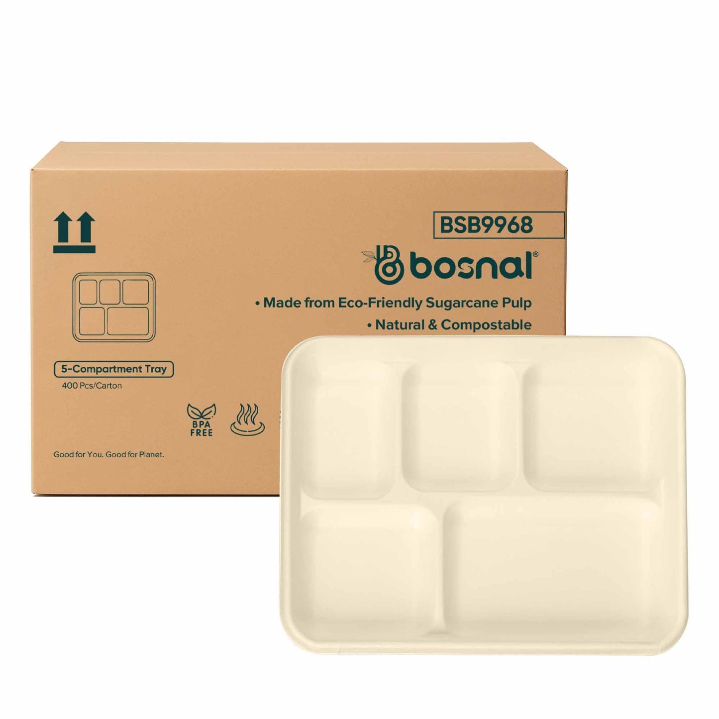 Bosnal - Sugarcane Bagasse Compostable 5 - Compartment Food Trays - Case of 16 (400 Pcs) - themonogram manor 