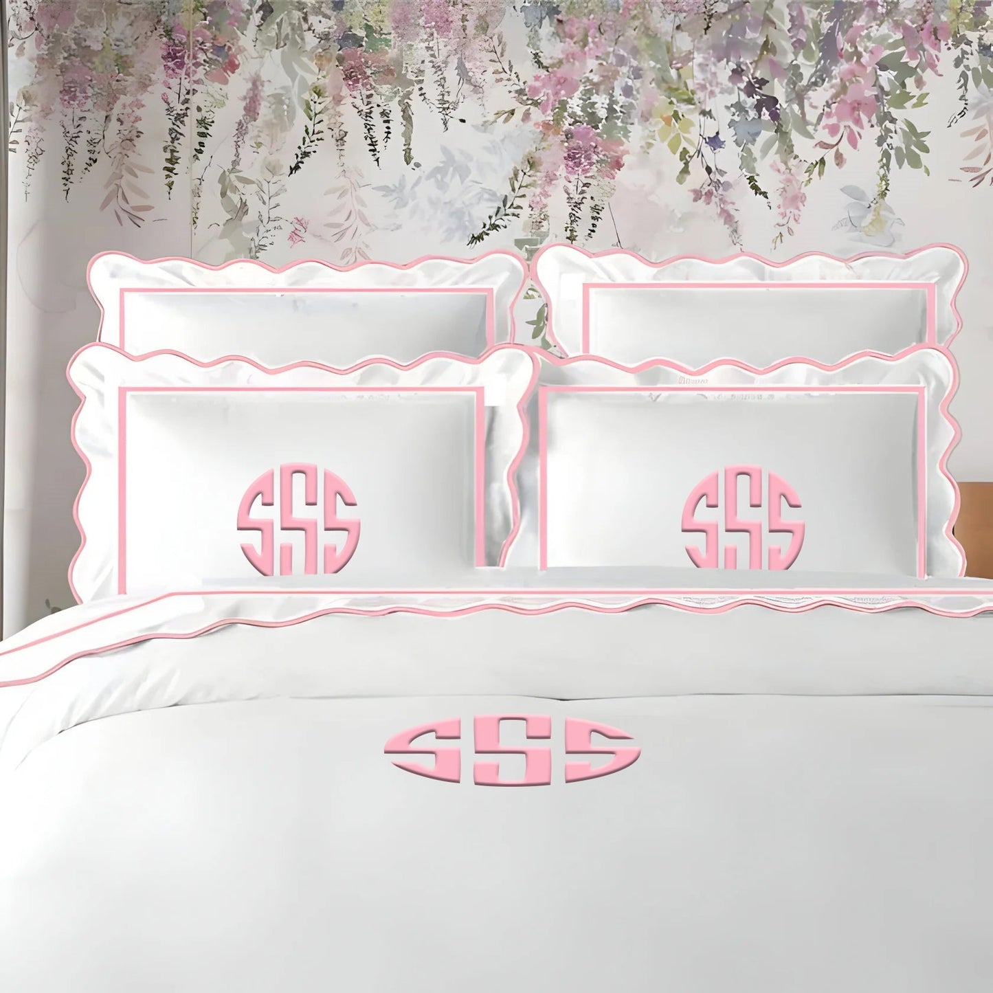 Monogram 400TC Cotton Scallop Embroidery & Border Sateen Solid Duvet Cover Set - themonogram manor 