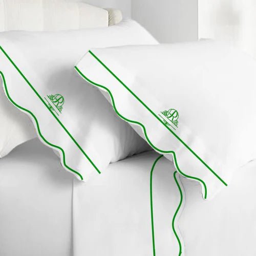 Monogram 400TC Cotton Scallop Embroidery & Border Sateen Solid Sheet Set - themonogram manor 