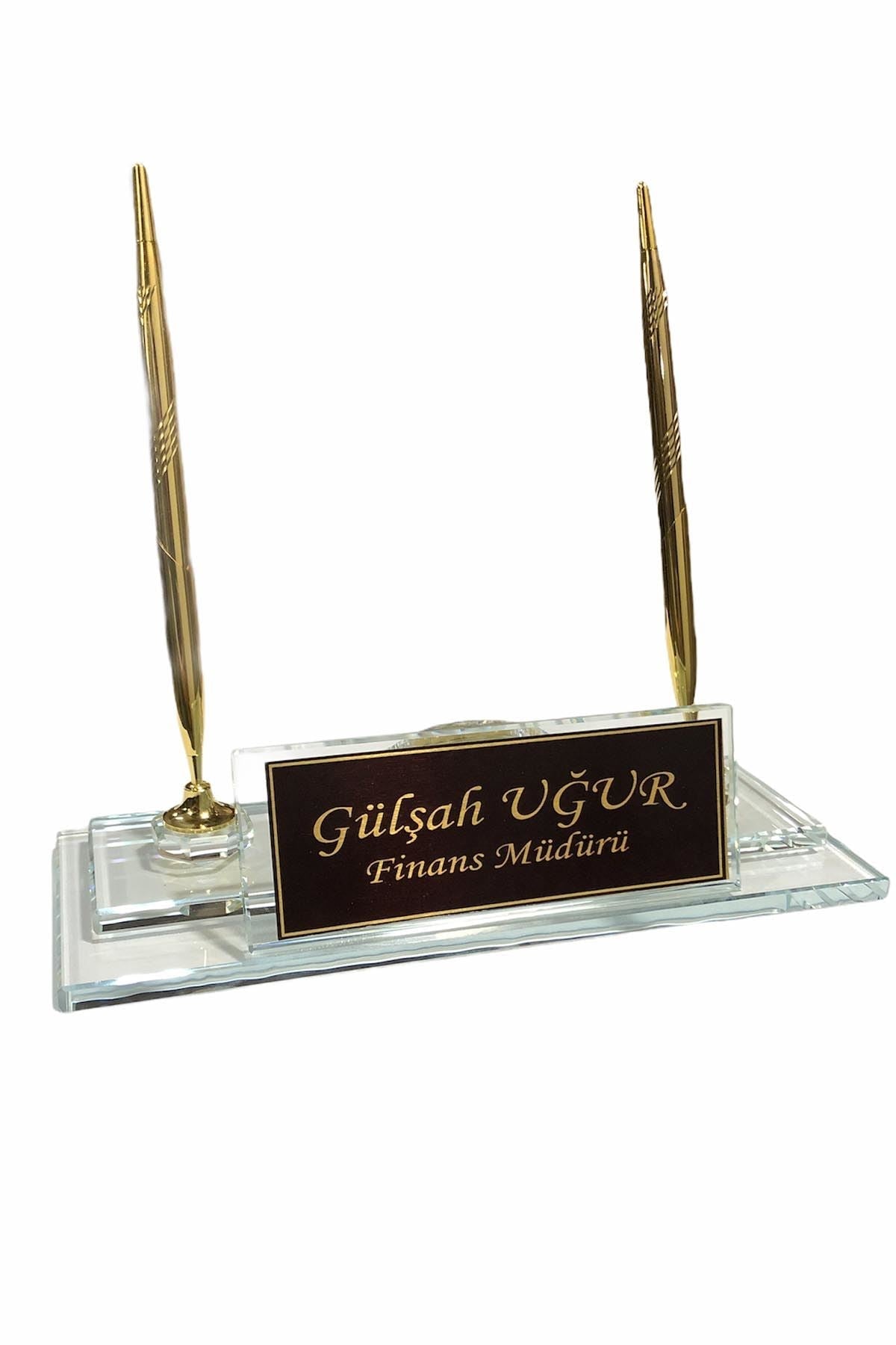 MOOG Black Glass Desk Name Plate With Clock - themonogram manor 