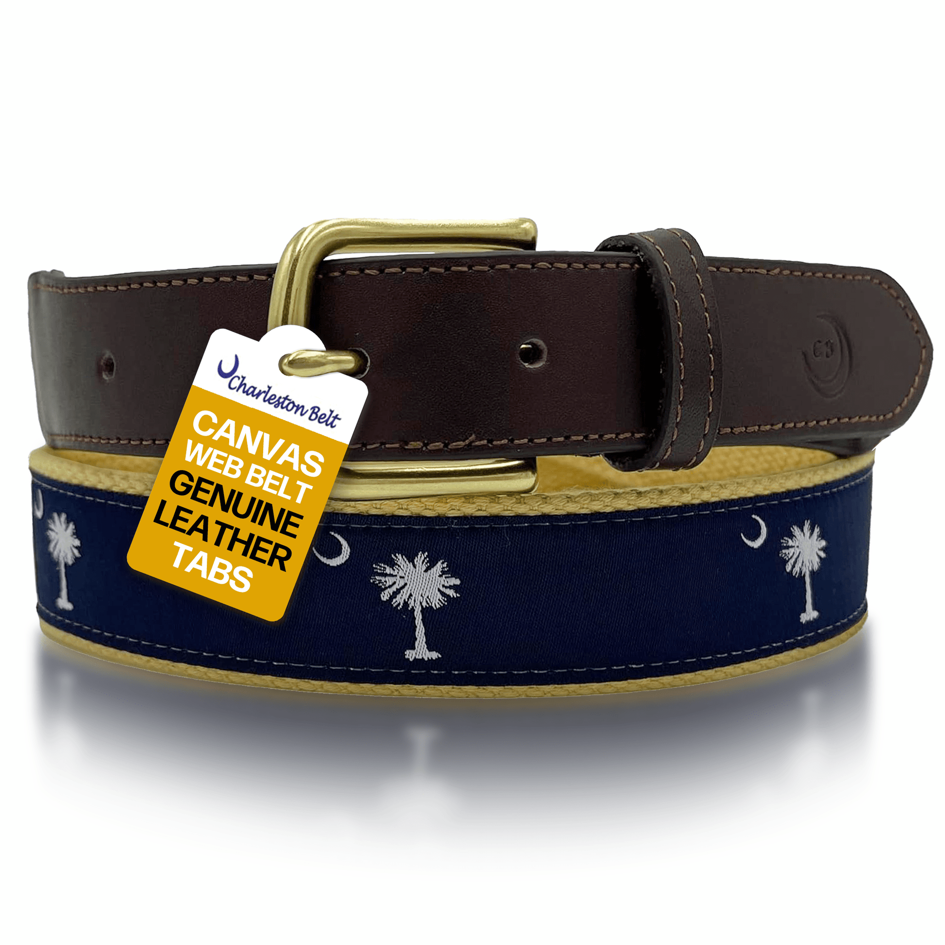 Navy on Khaki - South Carolina Crescent Moon Palmetto State Flag Belt - themonogram manor 