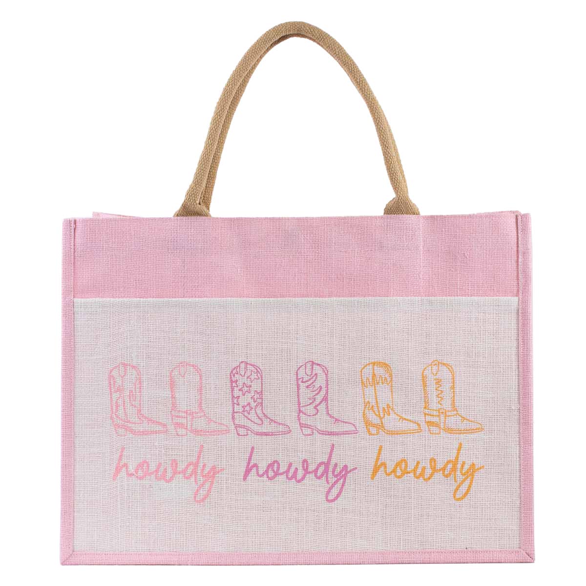 Howdy Cowgirl Jute Pocket Tote White/Pink/Orange 19x14x7.5 - themonogram manor 