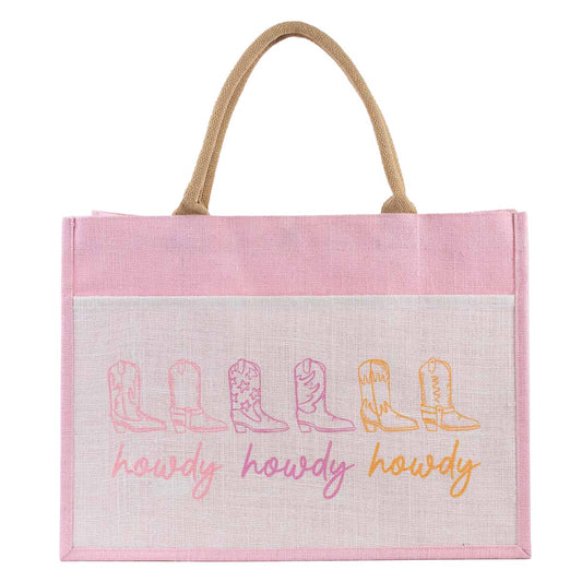 Howdy Cowgirl Jute Pocket Tote White/Pink/Orange 19x14x7.5 - themonogram manor 