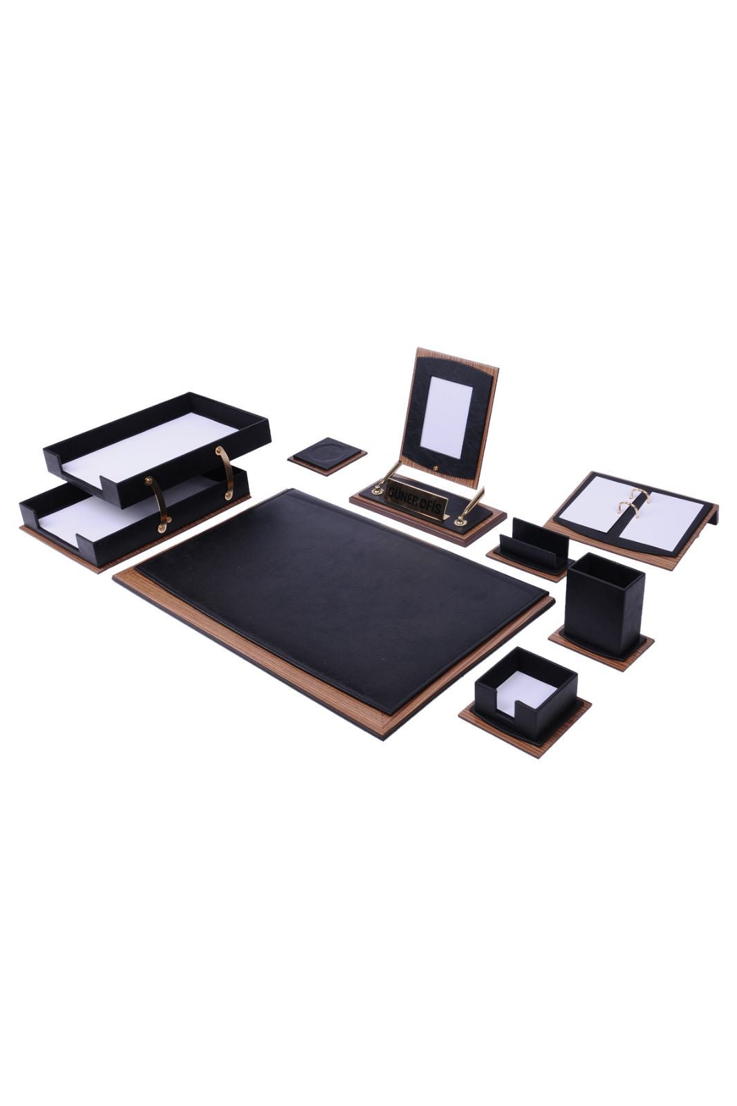 MOOG Star Leather Desk Set - Walnut Wood Combination - Double Document Tray - White - 11 PCS - themonogram manor 