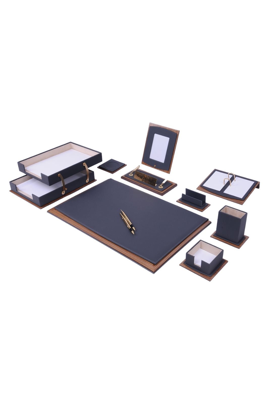 MOOG Star Leather Desk Set - Walnut Wood Combination - Double Document Tray - Gray - 11 PCS - themonogram manor 