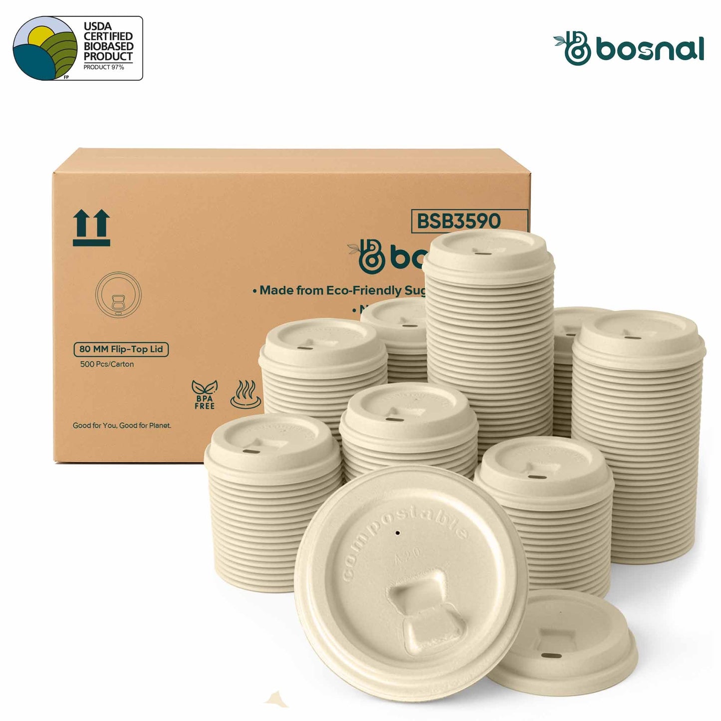 Bosnal - Sugarcane Bagasse Compostable Lids for 8 Oz Cups – Case of 20 (500 Pcs) - themonogram manor 