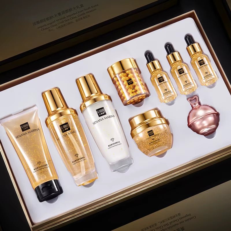 Women 24K Gold Skin Care Set 9PCS with Box Face Toner Essence Cream Nicotinamide Anti-Aging Wrinkles Serum Facial Cleanser Kit - themonogram manor 