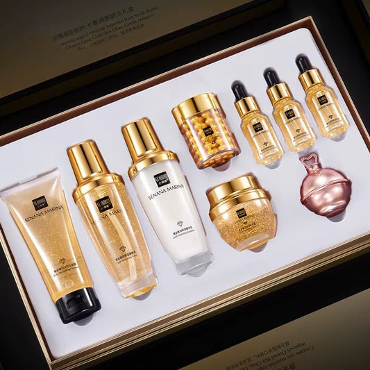 Women 24K Gold Skin Care Set 9PCS with Box Face Toner Essence Cream Nicotinamide Anti-Aging Wrinkles Serum Facial Cleanser Kit - themonogram manor 
