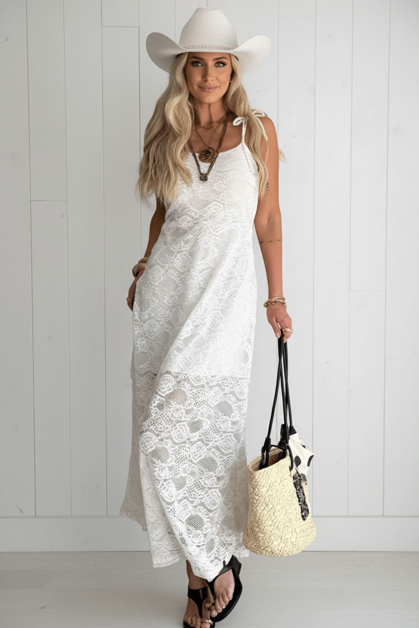 Floral Lace Tie Spaghetti Straps Maxi Dress - themonogram manor 