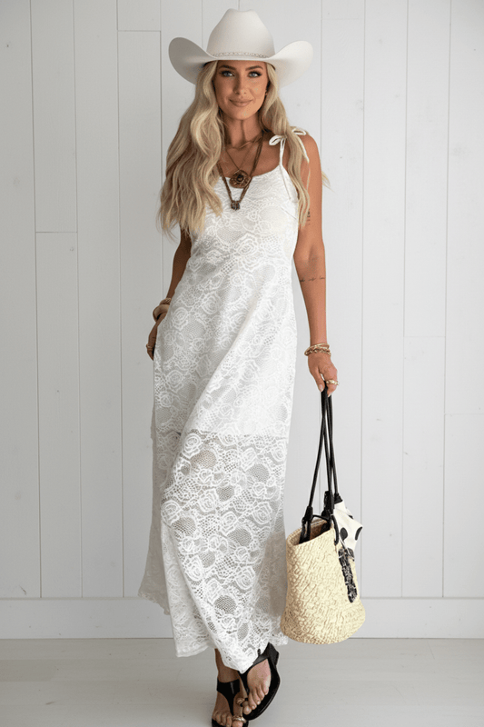 Floral Lace Tie Spaghetti Straps Maxi Dress - themonogram manor 