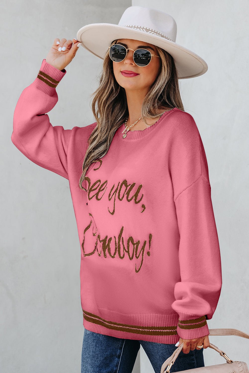 Western See You Cowboy Embroidered Stripe Cuff Sweater - themonogram manor 