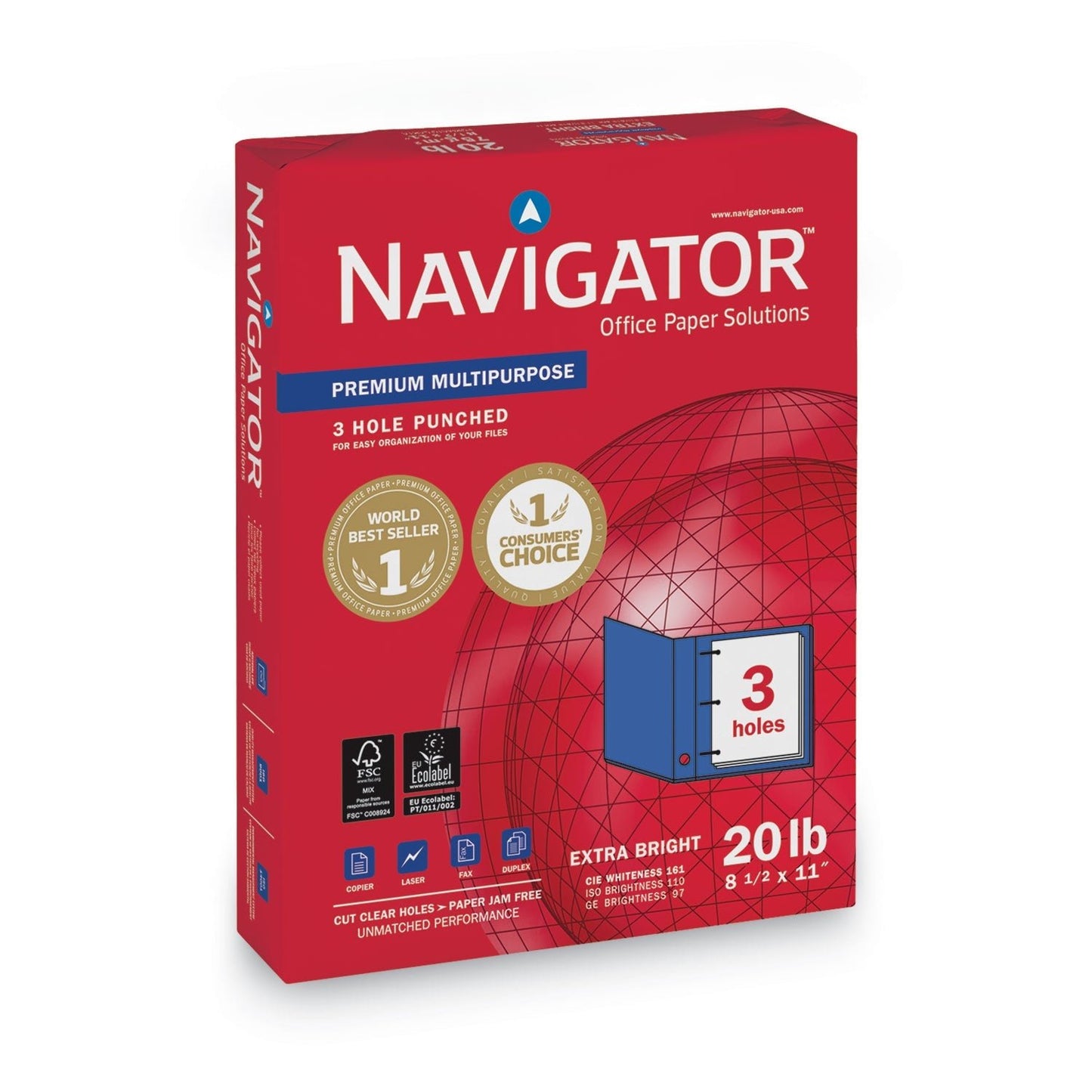 Navigator Premium Multipurpose Copy Paper, 97 Bright, 3 - Hole, 20 lb Bond Weight, 8.5 x 11, White, 500 Sheets/Ream, 10 Reams/Carton - themonogram manor 