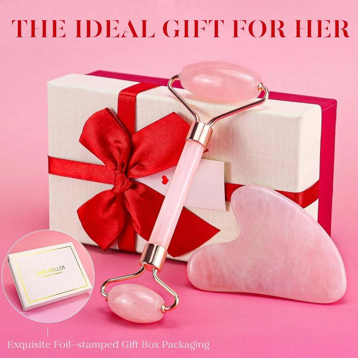 Jade Roller & Gua Sha, Natural Jade Face Roller Gua Sha Facial Tools Skin Care Massager, Pink - themonogram manor 