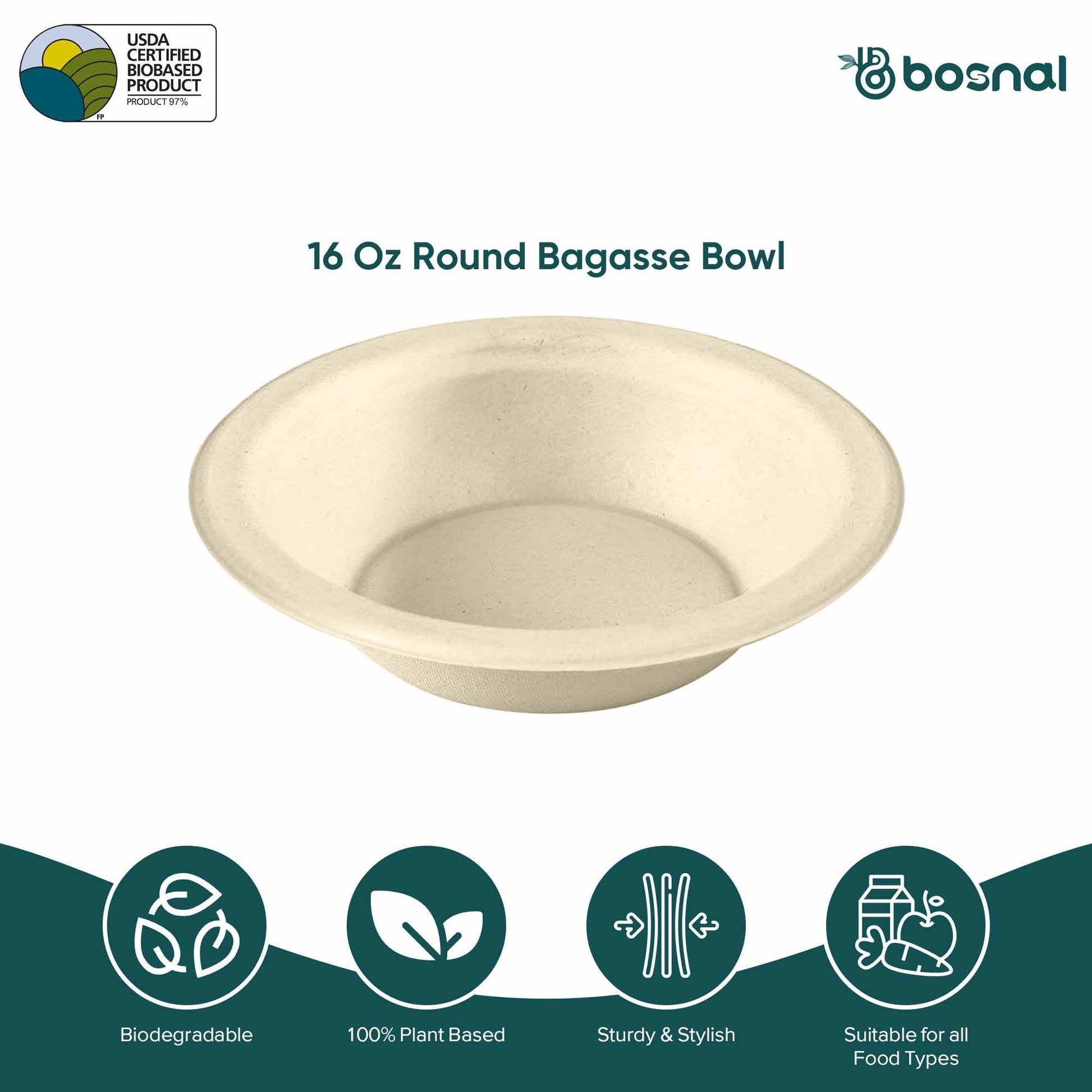 Bosnal - Sugarcane Bagasse Compostable 16 Oz Round Bowls - Case of 20 (500 Pcs) - themonogram manor 
