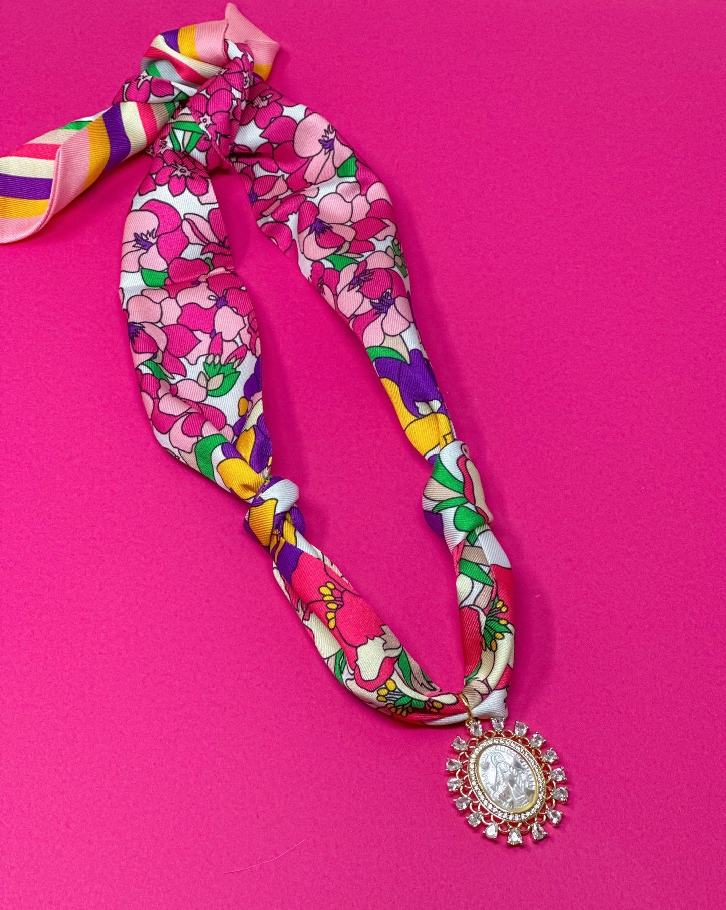 Scarf Charm Necklace - Pink and Purple Multi - Mother of Mary Rhinestone - themonogram manor 