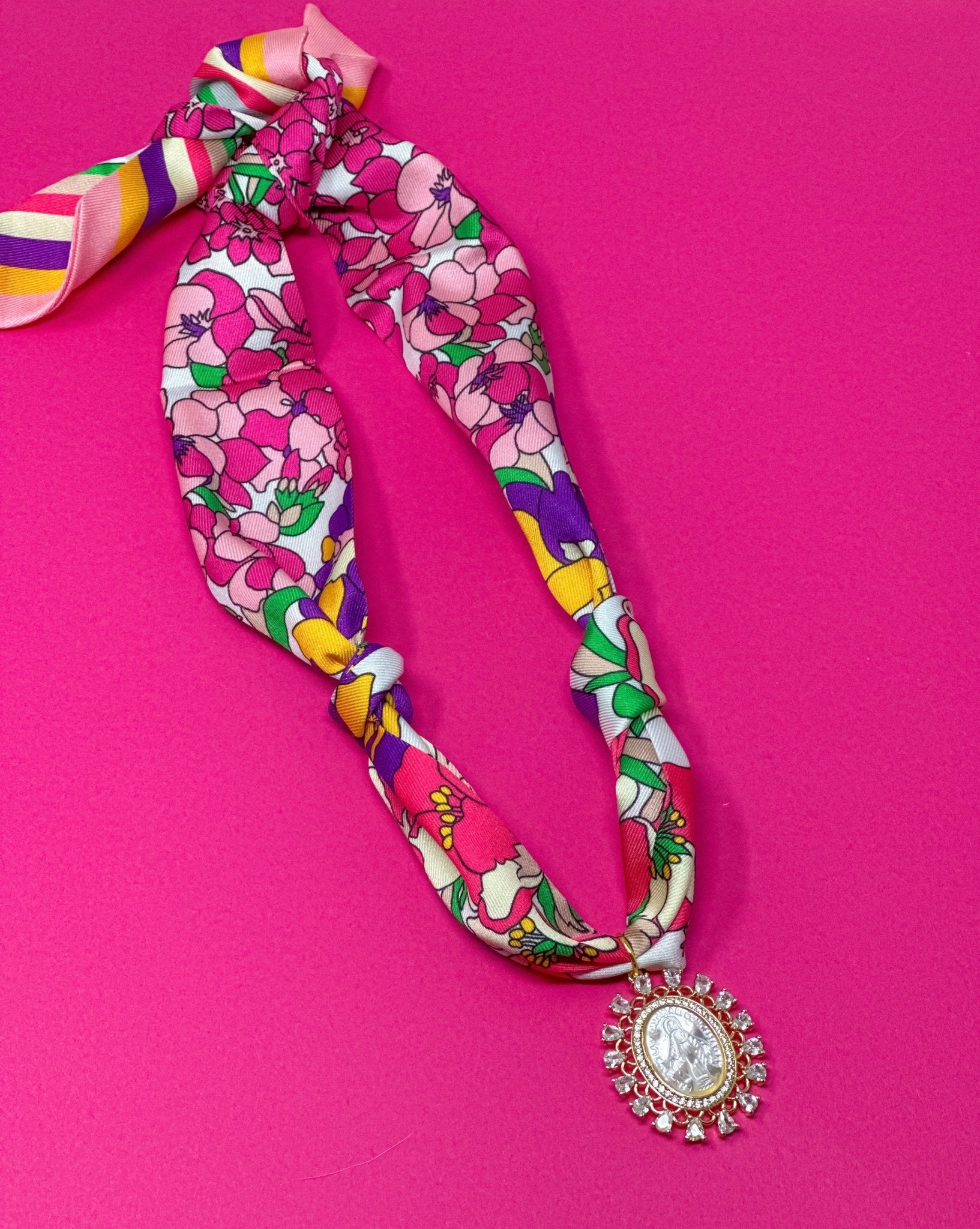 Scarf Charm Necklace - Pink and Purple Multi - Mother of Mary Rhinestone - themonogram manor 