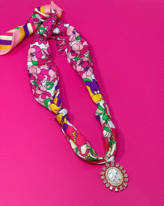 Scarf Charm Necklace - Pink and Purple Multi - Mother of Mary Rhinestone - themonogram manor 