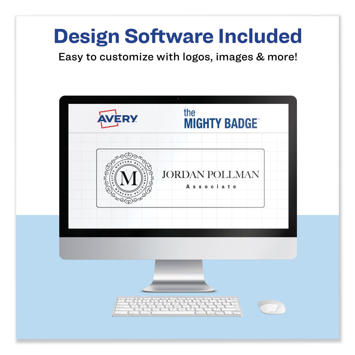 Avery The Mighty Badge Name Badge Holder Kit, Horizontal, 3 x 1, Laser, Silver, 4 Holders/32 Inserts - themonogram manor 
