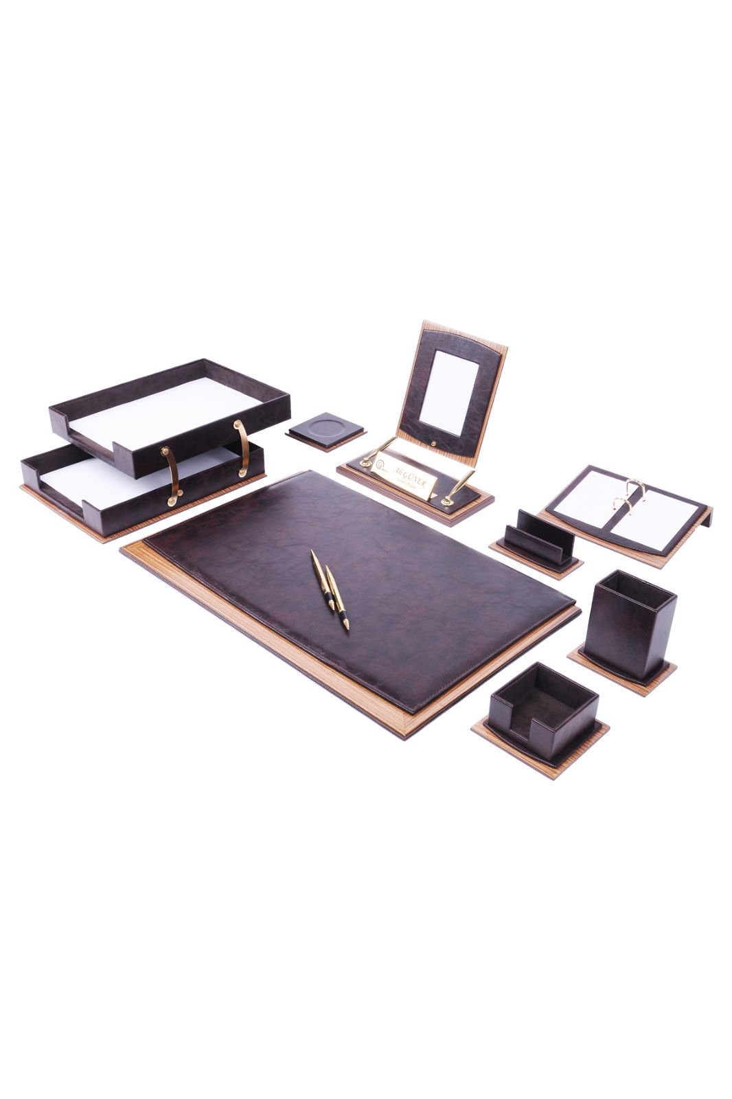 MOOG Star Leather Desk Set - Walnut Wood Combination - Double Document Tray - Gray - 11 PCS - themonogram manor 