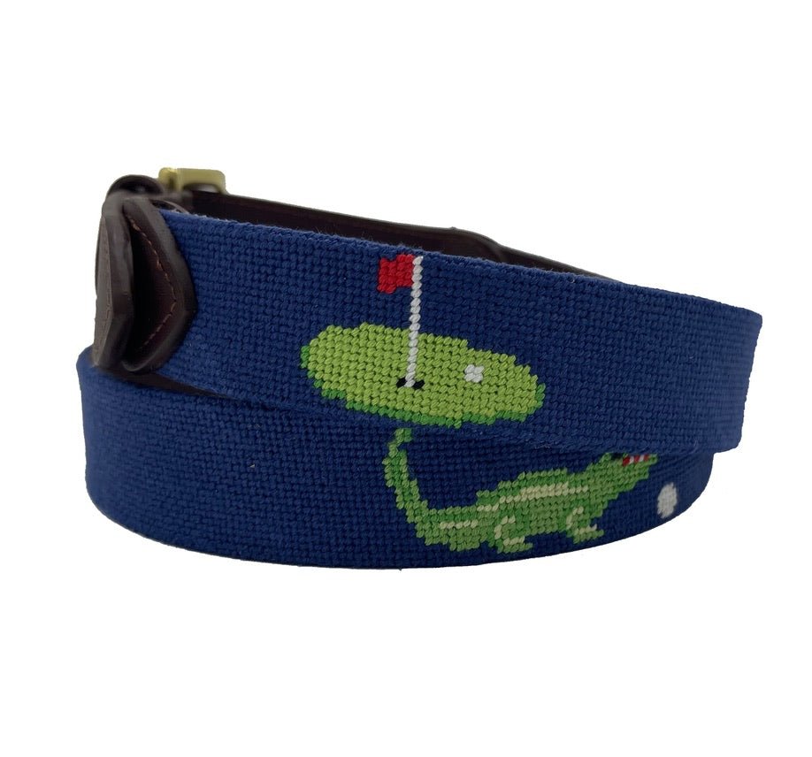 Charleston Belt Golf Green Gator Croc Leather Hand - stitched Needlepoint Belt Navy Blue - themonogram manor 