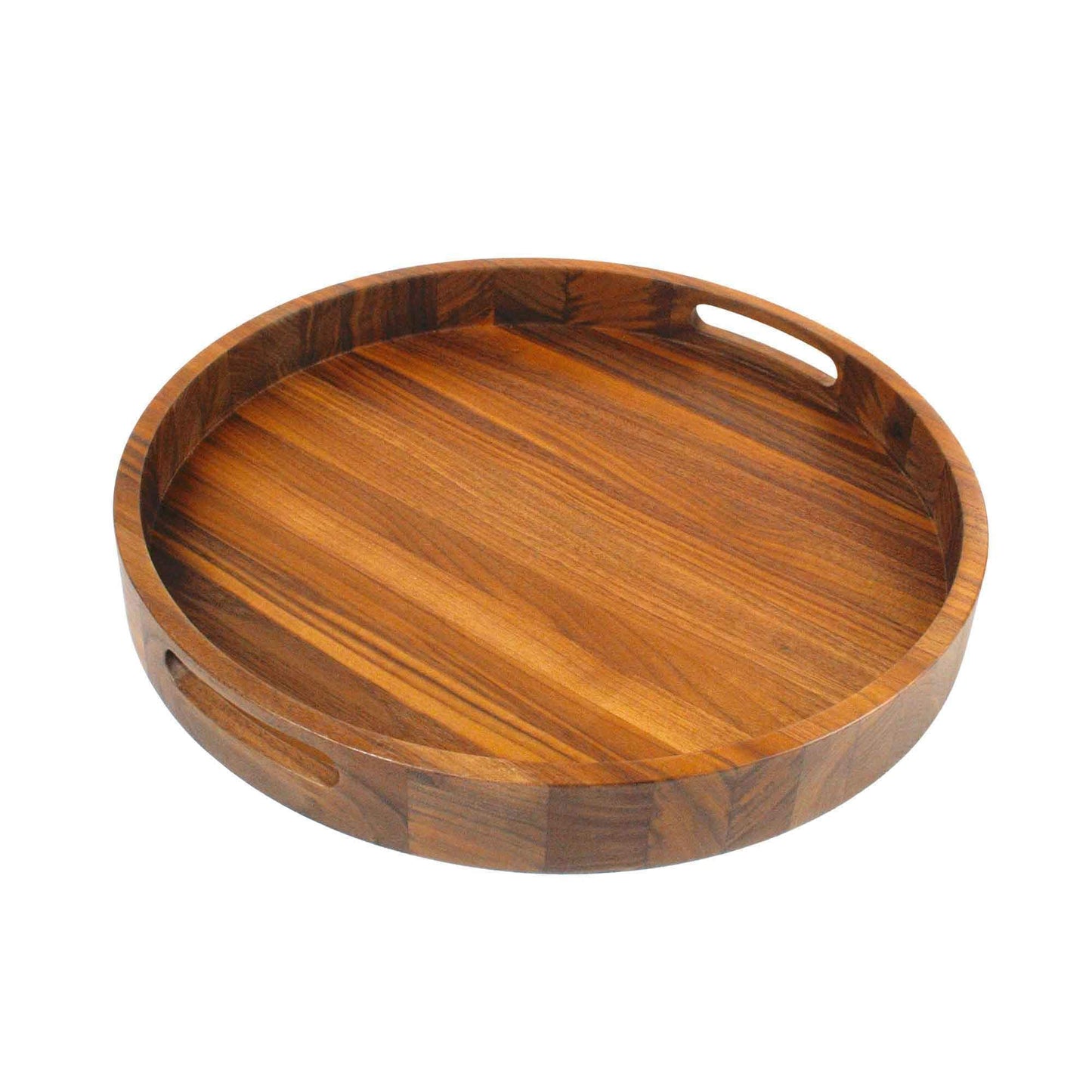 16.5 Inch Round Walnut Wood Serving and Coffee Table Tray with Handles - themonogram manor 