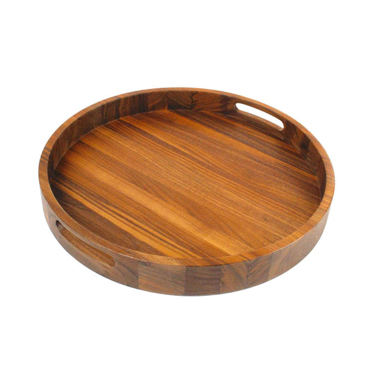 16.5 Inch Round Walnut Wood Serving and Coffee Table Tray with Handles - themonogram manor 