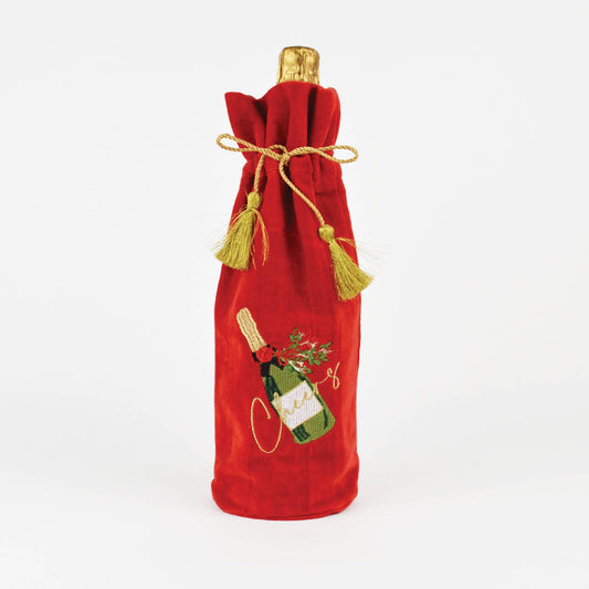 Champagne Embroidered Red Velvet Wine Gift Bag - themonogram manor 