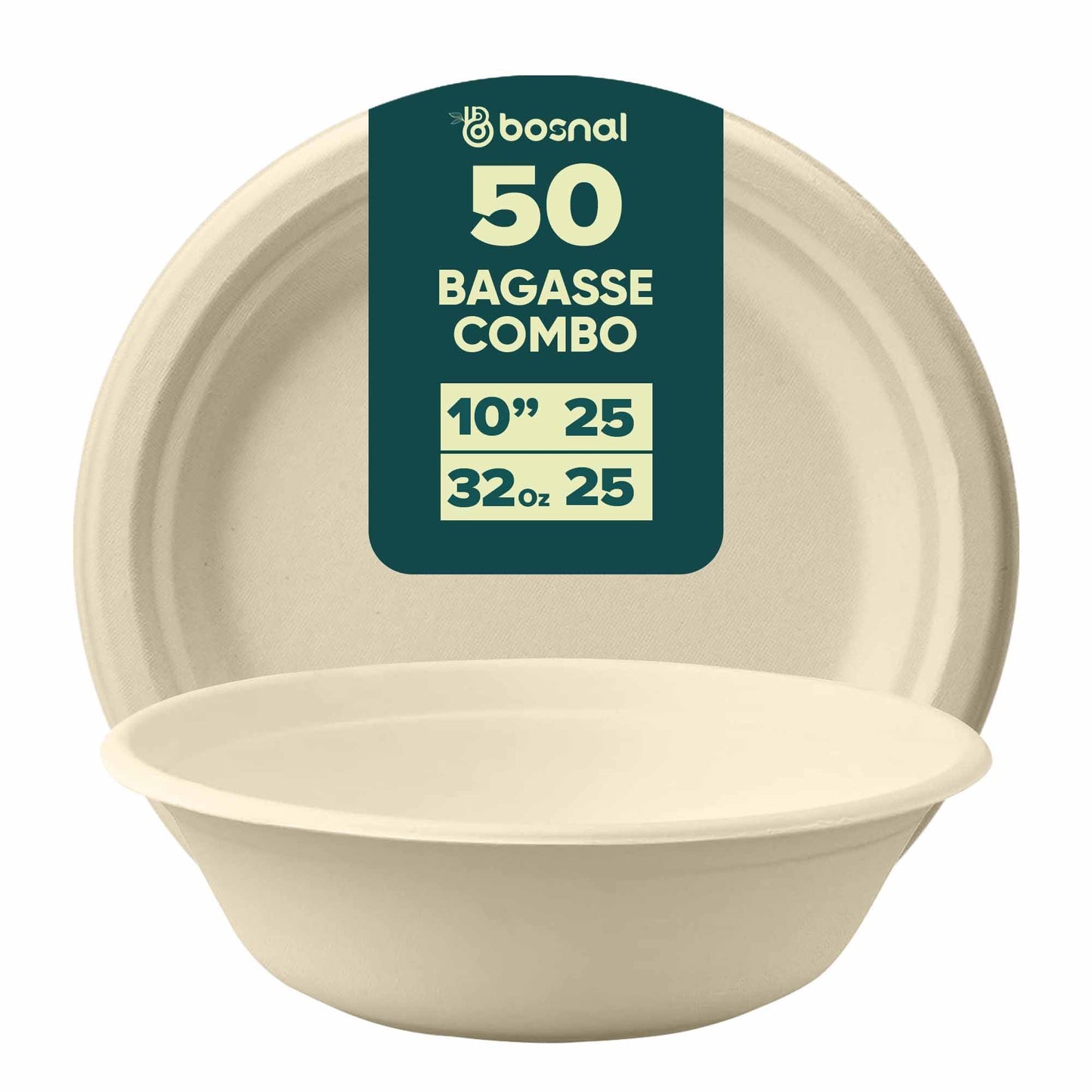 Bosnal - Sugarcane Bagasse Compostable 10 inch Round Plates with 32 Oz Bowls - themonogram manor 