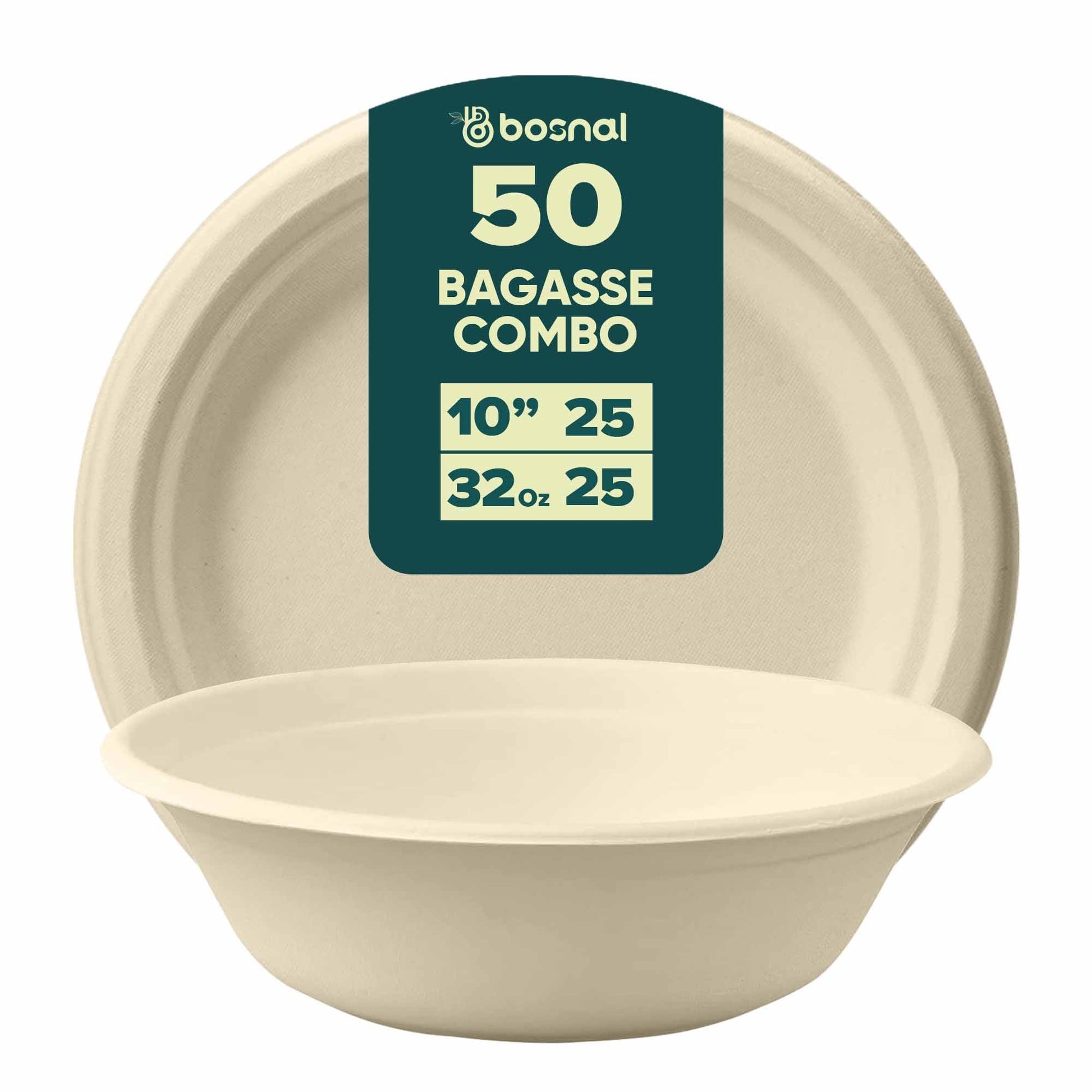 Bosnal - Sugarcane Bagasse Compostable 10 inch Round Plates with 32 Oz Bowls - themonogram manor 