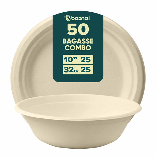 Bosnal - Sugarcane Bagasse Compostable 10 inch Round Plates with 32 Oz Bowls - themonogram manor 