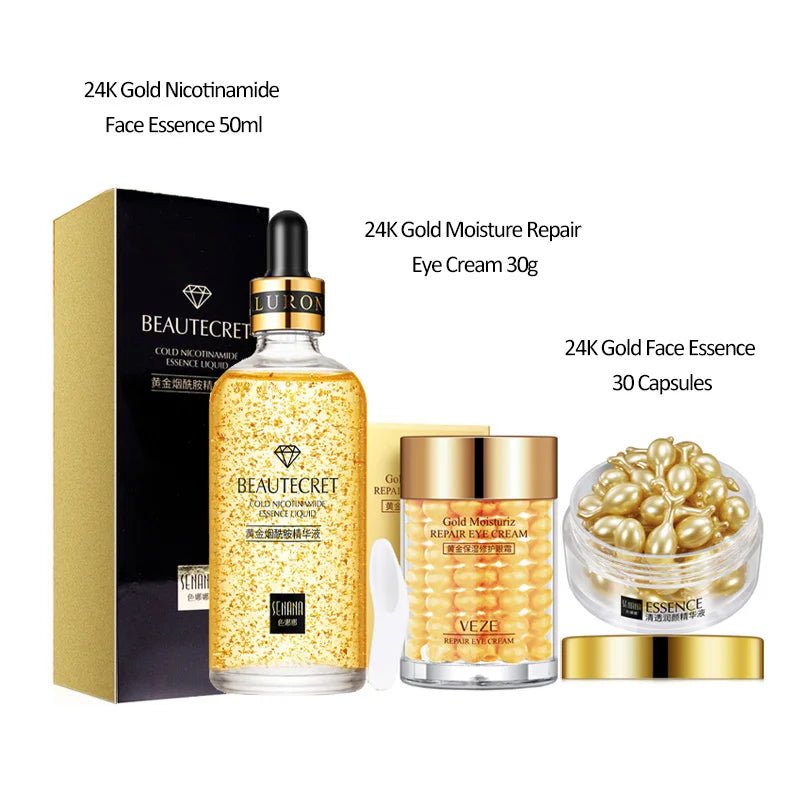 Face Cream Kit 24K Gold Niacinamide Essence Remove Dark Eye Circles Eye Serum Firming Eye Cream Face Care Set Korean Cosmetics - themonogram manor 