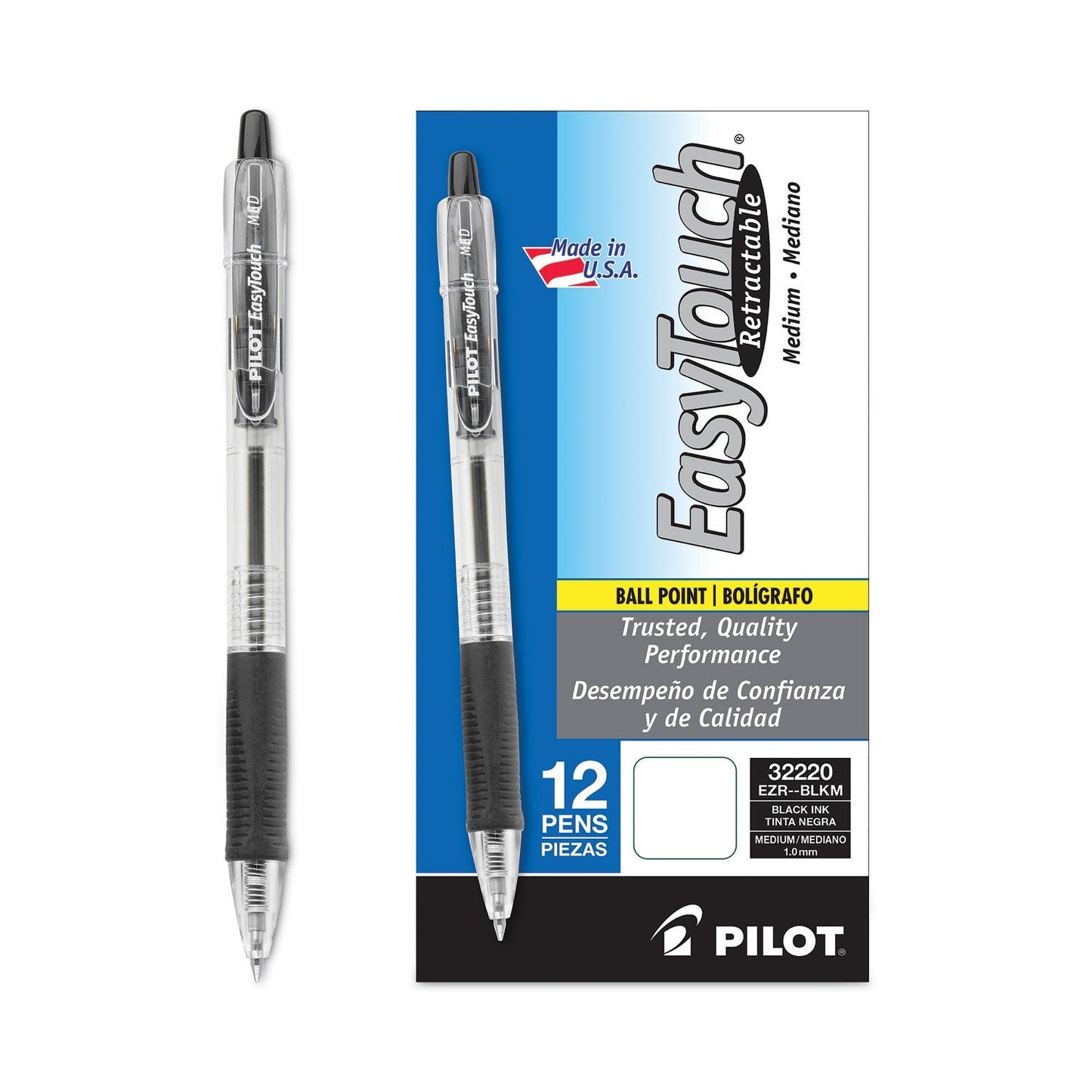 Pilot EasyTouch Ballpoint Pen, Retractable, Medium 1 mm, Black Ink, Clear Barrel, Dozen - themonogram manor 