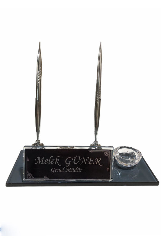 MOOG Black Glass Desk Name Plate With Clock - themonogram manor 